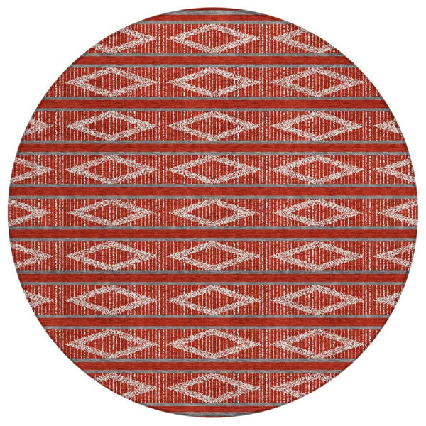 HomeRoots 5' Modern Geometric Red, Ivory & Gray Washable Area Rug for Indoor & Outdoor High-Traffic Spaces 8' Round 599666
