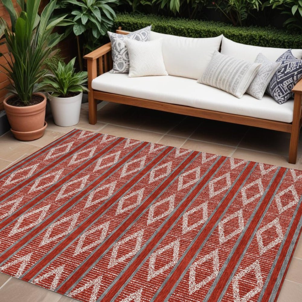 HomeRoots 9' X 12' Modern Red Ivory Gray Geometric Washable Area Rug for Indoor/Outdoor Spaces - Durable & Stylish 599668