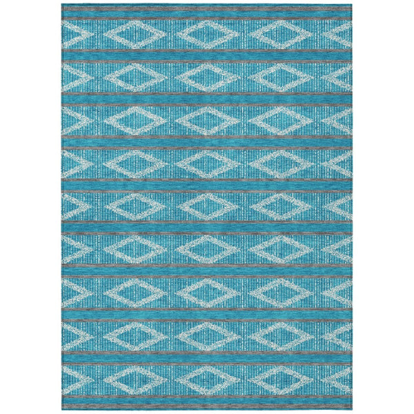 HomeRoots 5' Stylish Geometric Teal Blue Gray Ivory Area Rug – Washable, Durable, Indoor/Outdoor Use! 5' X 8' 599671