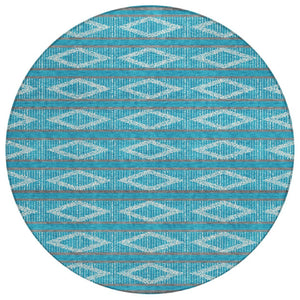HomeRoots 5' Stylish Geometric Teal Blue Gray Ivory Area Rug – Washable, Durable, Indoor/Outdoor Use! 8' Round 599672