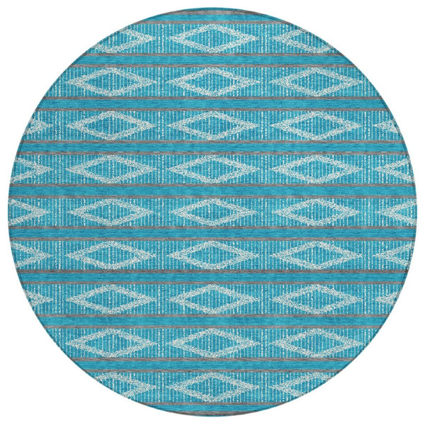 HomeRoots 5' Stylish Geometric Teal Blue Gray Ivory Area Rug – Washable, Durable, Indoor/Outdoor Use! 8' Round 599672