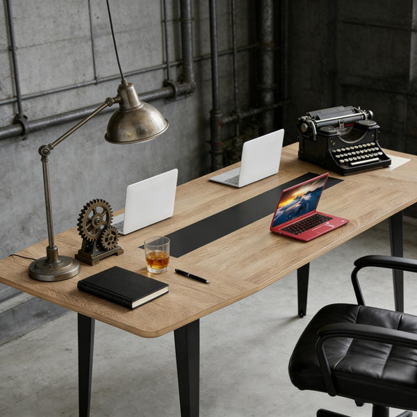 English Elm Industrial Executive Wood Desk with Rustic Brown Veneer for Home Office Workspaces T3971P458697