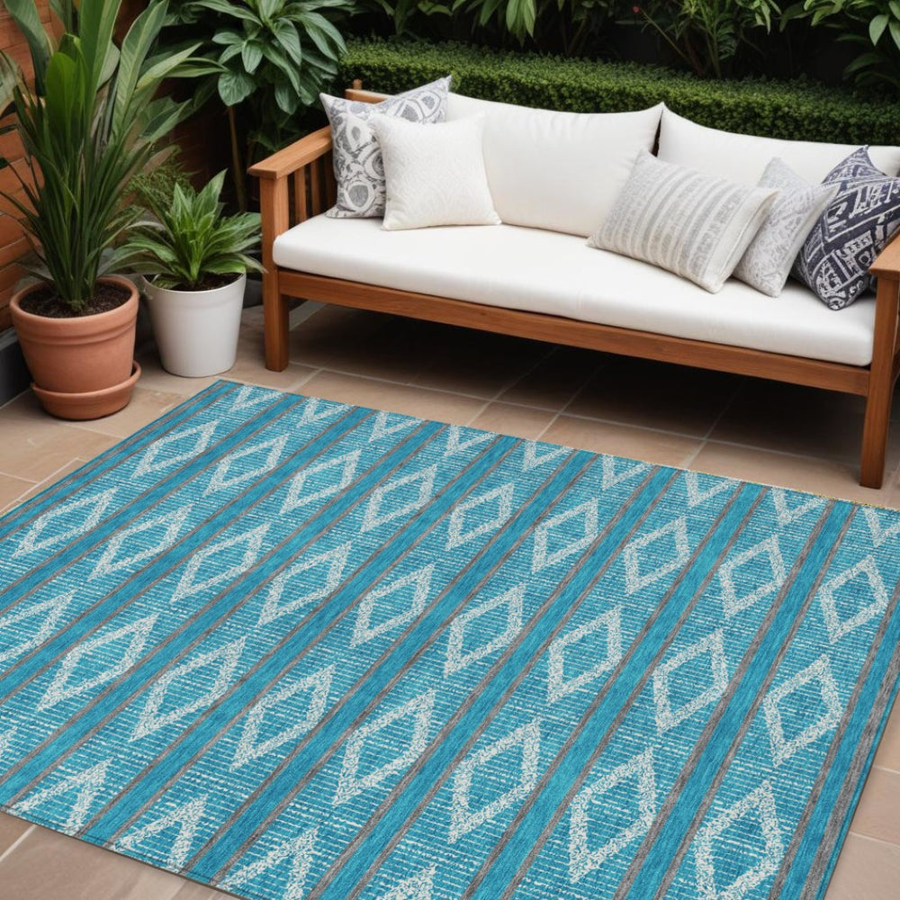 HomeRoots 5' Stylish Geometric Teal Blue Gray Ivory Area Rug – Washable, Durable, Indoor/Outdoor Use! 10' X 14' 599675