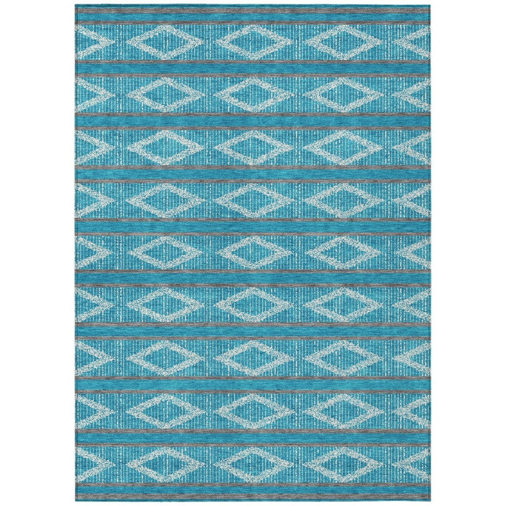 HomeRoots 5' Stylish Geometric Teal Blue Gray Ivory Area Rug – Washable, Durable, Indoor/Outdoor Use! 10' X 14' 599675