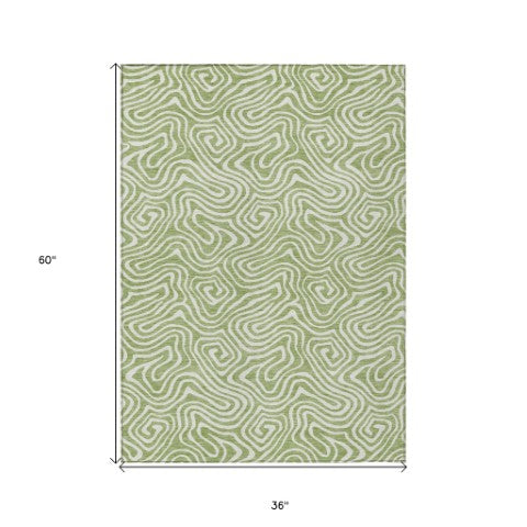 Homeroots 3' Artichoke Green And Ivory Abstract Washable Area Rug For Indoor And Outdoor Spaces, Durable Design 3' X 5' Polyester 599682