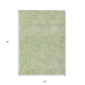 Homeroots 3' Artichoke Green And Ivory Abstract Washable Area Rug For Indoor And Outdoor Spaces, Durable Design 5' X 8' Polyester 599683