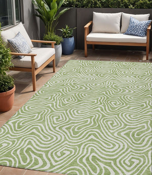 Homeroots 3' Artichoke Green And Ivory Abstract Washable Area Rug For Indoor And Outdoor Spaces, Durable Design 5' X 8' Polyester 599683