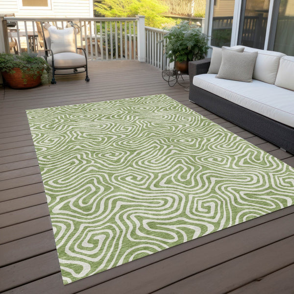 Homeroots 3' Artichoke Green And Ivory Abstract Washable Area Rug For Indoor And Outdoor Spaces, Durable Design 5' X 8' Polyester 599683