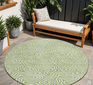 Homeroots 3' Artichoke Green And Ivory Abstract Washable Area Rug For Indoor And Outdoor Spaces, Durable Design 8' Round Polyester 599684