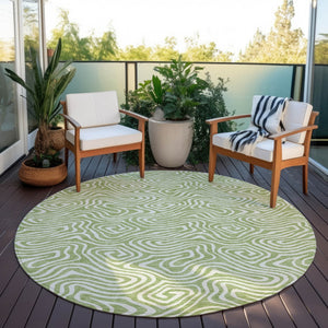 Homeroots 3' Artichoke Green And Ivory Abstract Washable Area Rug For Indoor And Outdoor Spaces, Durable Design 8' Round Polyester 599684