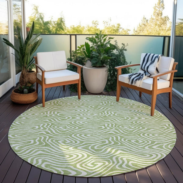 Homeroots 3' Artichoke Green And Ivory Abstract Washable Area Rug For Indoor And Outdoor Spaces, Durable Design 8' Round Polyester 599684