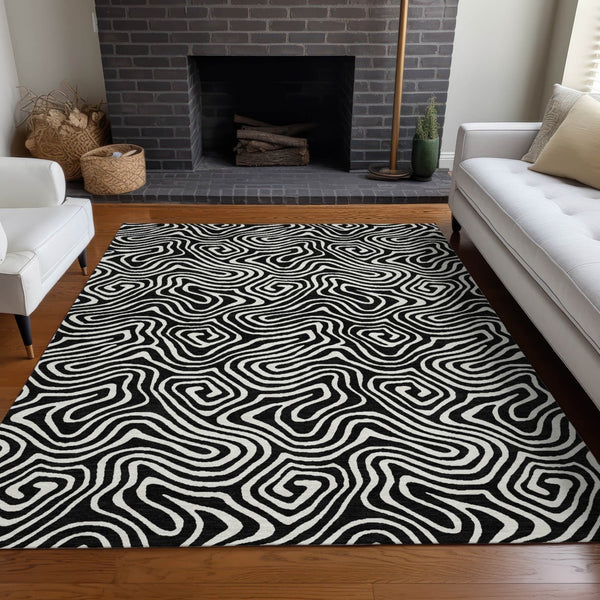 Homeroots 3' Artichoke Green And Ivory Abstract Washable Area Rug For Indoor And Outdoor Spaces, Durable Design 5' X 8' Polyester 599689