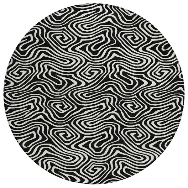 HomeRoots 5' Black and Ivory Abstract Area Rug – Stylish, Washable, Stain-Resistant for Indoor and Outdoor Use 8' Round 599690