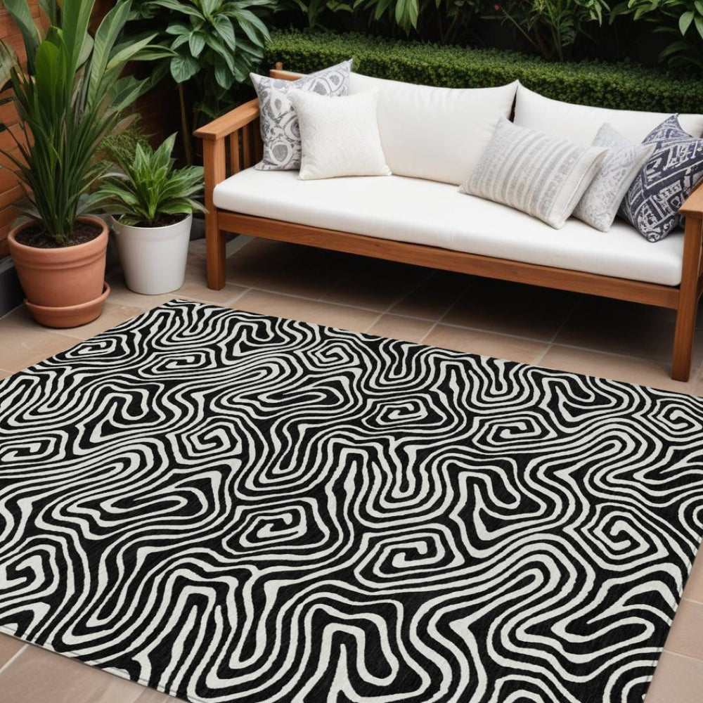 HomeRoots 9' X 12' Black And Ivory Abstract Area Rug – Stylish, Washable, Durable for Indoor & Outdoor Spaces 599692