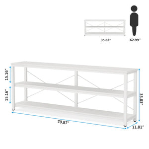 English Elm Display Shelf Extra Long Console Table with Three Open Tiers and Industrial X Frame T3971P453174