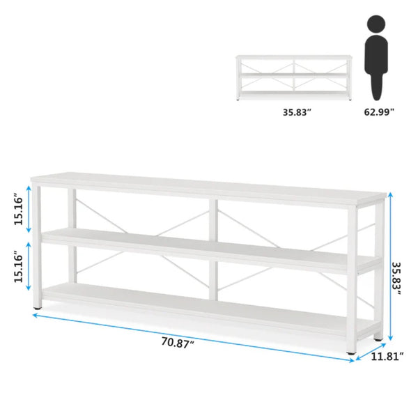 English Elm Display Shelf Extra Long Console Table with Three Open Tiers and Industrial X Frame T3971P453174