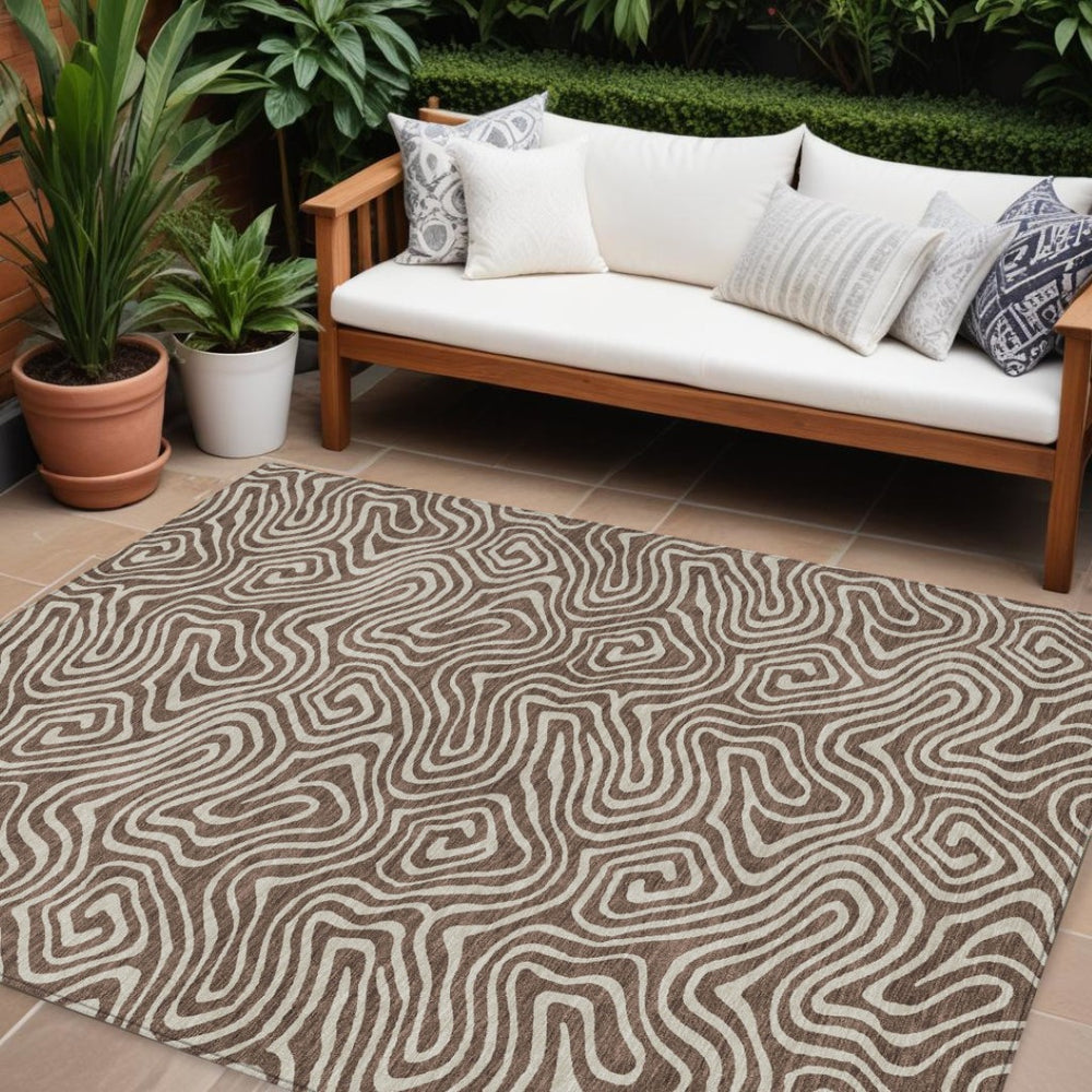 HomeRoots 5' Versatile Brown and Beige Abstract Washable Area Rug for Indoor and Outdoor Durability and Style 10' X 14' 599705