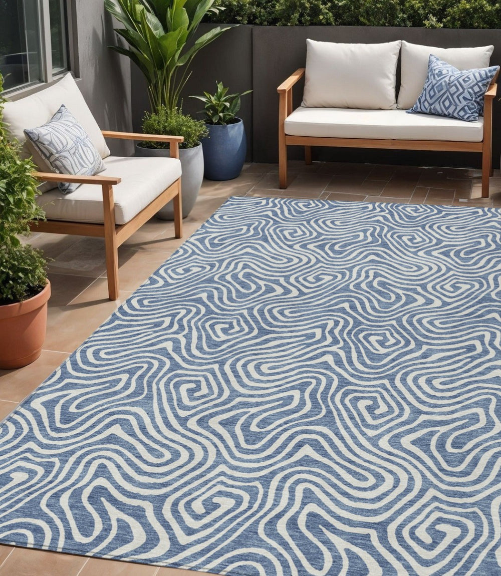 HomeRoots 5' Denim Blue and Ivory Abstract Indoor Outdoor Area Rug – Stylish, Durable, and Washable Design 5' X 8' 599707