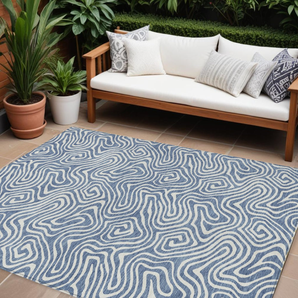 HomeRoots 9' X 12' Denim Blue & Ivory Abstract Washable Rug - Stylish, Durable for Indoor/Outdoor Spaces! 599710