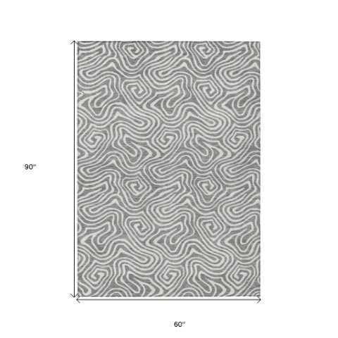 Homeroots 3' Artichoke Green And Ivory Abstract Washable Area Rug For Indoor And Outdoor Spaces, Durable Design 5' X 8' Polyester 599719