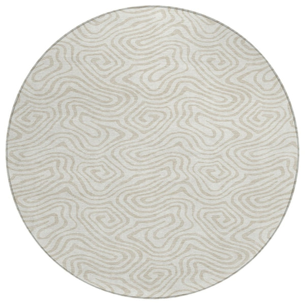 HomeRoots 5' Ivory and Beige Abstract Area Rug - Versatile Indoor/Outdoor Design, Stain-Resistant & Washable 8' Round 599726