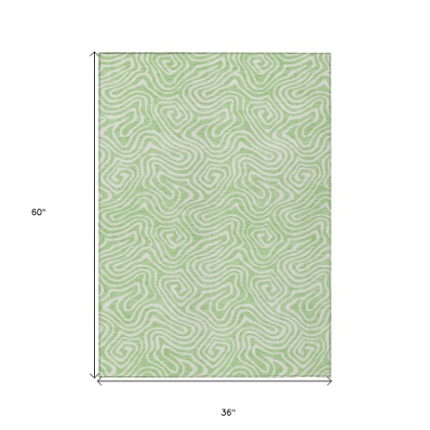 Homeroots 3' Artichoke Green And Ivory Abstract Washable Area Rug For Indoor And Outdoor Spaces, Durable Design 3' X 5' Polyester 599736
