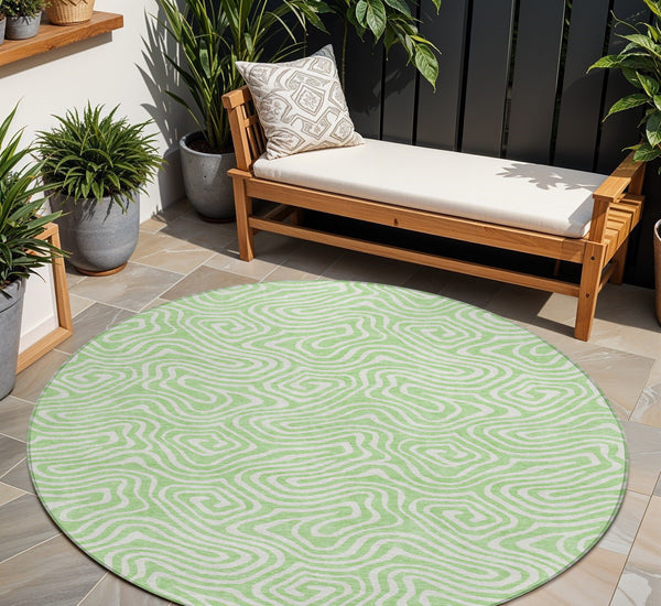 Homeroots 3' Artichoke Green And Ivory Abstract Washable Area Rug For Indoor And Outdoor Spaces, Durable Design 8' Round Polyester 599738