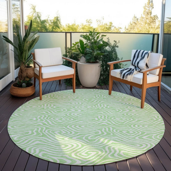 Homeroots 3' Artichoke Green And Ivory Abstract Washable Area Rug For Indoor And Outdoor Spaces, Durable Design 8' Round Polyester 599738