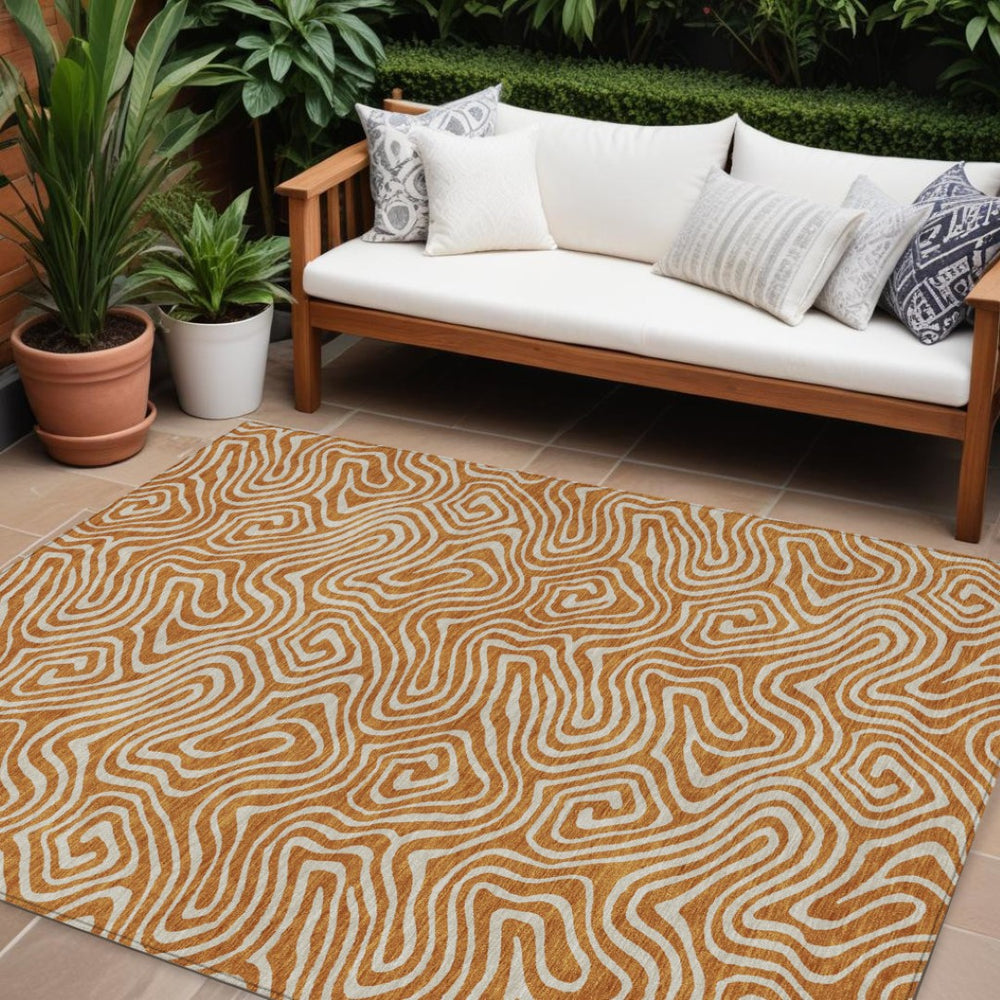 HomeRoots 5' Copper and Beige Abstract Washable Area Rug for Indoor/Outdoor Use – Stylish and Durable Design 8' X 10' 599745
