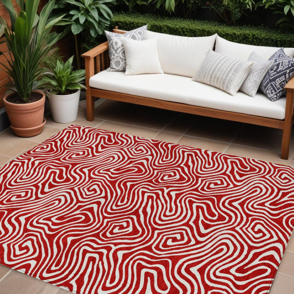 HomeRoots 9' X 12' Red And Ivory Abstract Washable Area Rug – Durable, Stylish for Indoor & Outdoor Spaces! 599752