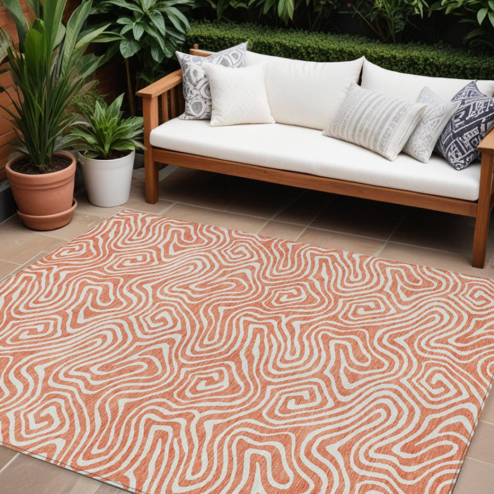 HomeRoots 5' Stylish Salmon and Ivory Abstract Area Rug – Washable, Durable, Indoor/Outdoor Versatility Perfect for Every Space 10' X 14' 599759