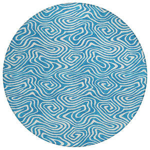 HomeRoots 5' Elevate Your Space with a Teal Blue and Ivory Abstract Washable Area Rug for Indoor/Outdoor Use 8' Round 599762