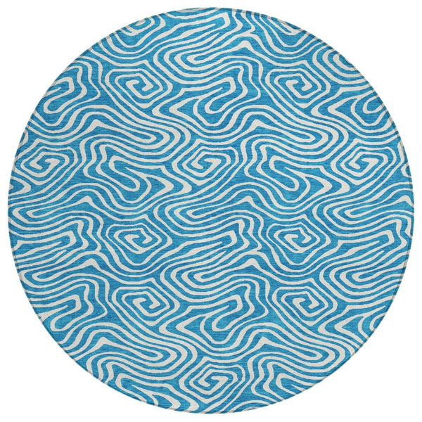 HomeRoots 5' Elevate Your Space with a Teal Blue and Ivory Abstract Washable Area Rug for Indoor/Outdoor Use 8' Round 599762