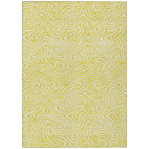 HomeRoots 5' Modern Yellow and Ivory Abstract Washable Area Rug for Indoor and Outdoor Spaces, Durable & Chic 5' X 8' 599773