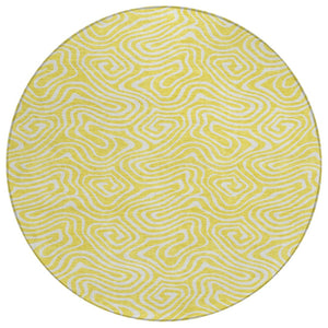 HomeRoots 5' Modern Yellow and Ivory Abstract Washable Area Rug for Indoor and Outdoor Spaces, Durable & Chic 8' Round 599774