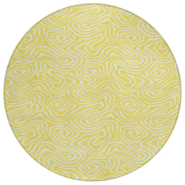 HomeRoots 5' Modern Yellow and Ivory Abstract Washable Area Rug for Indoor and Outdoor Spaces, Durable & Chic 8' Round 599774