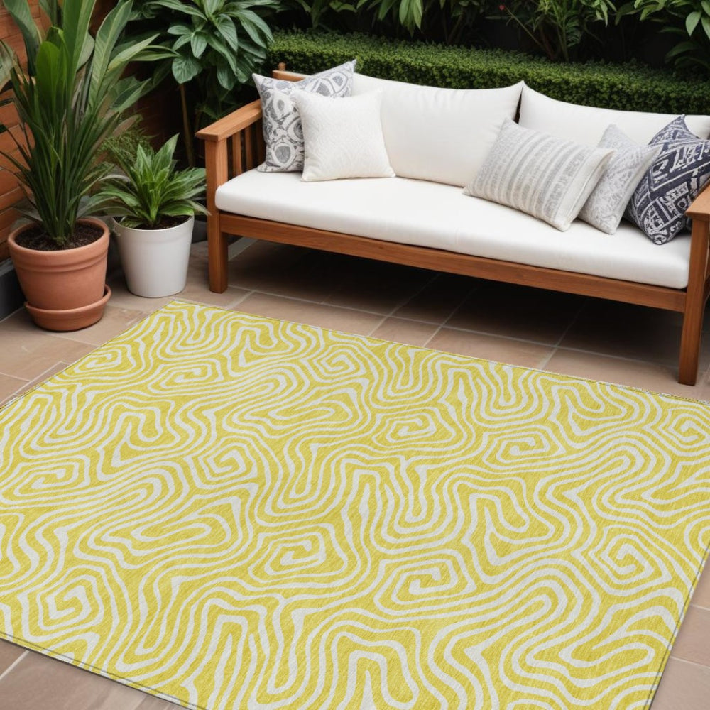 HomeRoots 9' X 12' Abstract Yellow & Ivory Washable Area Rug - Durable Indoor/Outdoor Style for High Traffic Spaces 599776
