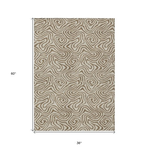 Homeroots 3' Beige And Brown Abstract Washable Area Rug For Indoor And Outdoor Spaces - Durable & Stylish 3' X 5' Polyester 599778