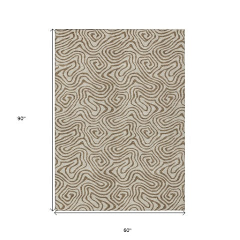 Homeroots 3' Beige And Brown Abstract Washable Area Rug For Indoor And Outdoor Spaces - Durable & Stylish 5' X 8' Polyester 599779
