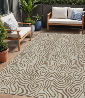 Homeroots 3' Beige And Brown Abstract Washable Area Rug For Indoor And Outdoor Spaces - Durable & Stylish 5' X 8' Polyester 599779