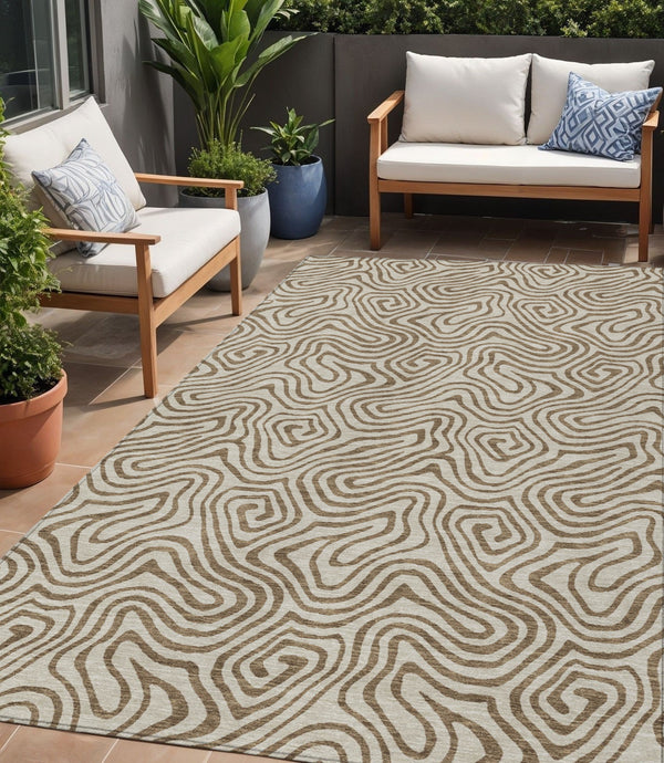 Homeroots 3' Beige And Brown Abstract Washable Area Rug For Indoor And Outdoor Spaces - Durable & Stylish 5' X 8' Polyester 599779