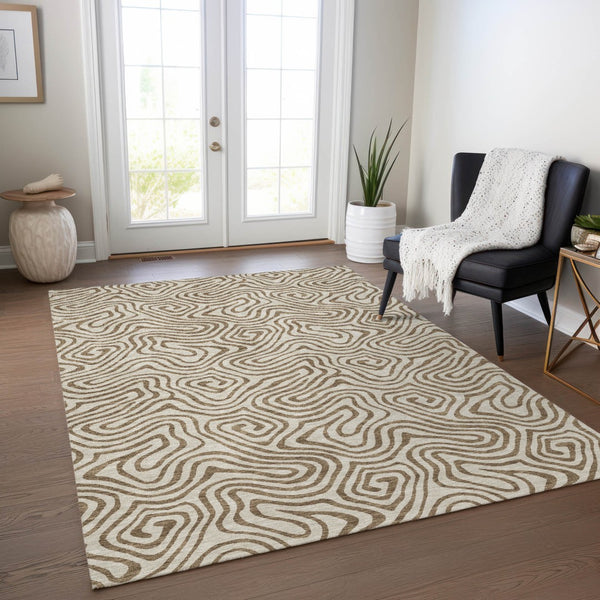 Homeroots 3' Beige And Brown Abstract Washable Area Rug For Indoor And Outdoor Spaces - Durable & Stylish 8' X 10' Polyester 599781