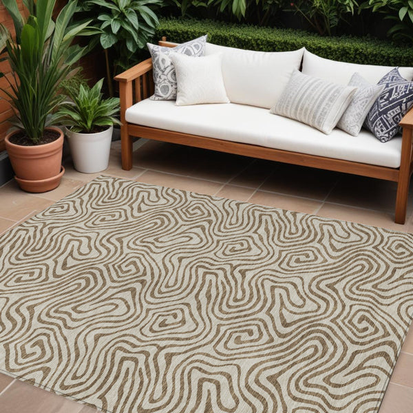 Homeroots 3' Beige And Brown Abstract Washable Area Rug For Indoor And Outdoor Spaces - Durable & Stylish 10' X 14' Polyester 599783