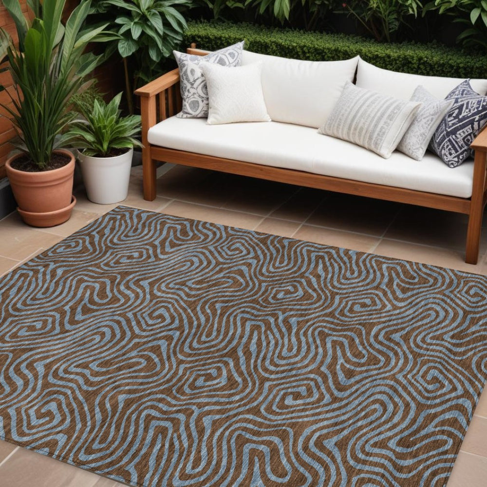 HomeRoots 5' Stylish Brown and Light Blue Abstract Area Rug for Indoor and Outdoor Use - Durable, Washable Design 8' X 10' 599793