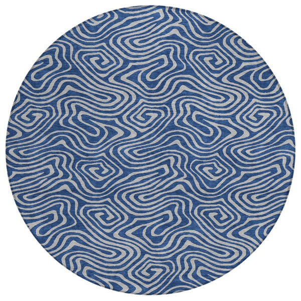 HomeRoots 5' Navy Blue and Gray Abstract Washable Area Rug - Durable Indoor/Outdoor Design for Modern Spaces 8' Round 599822