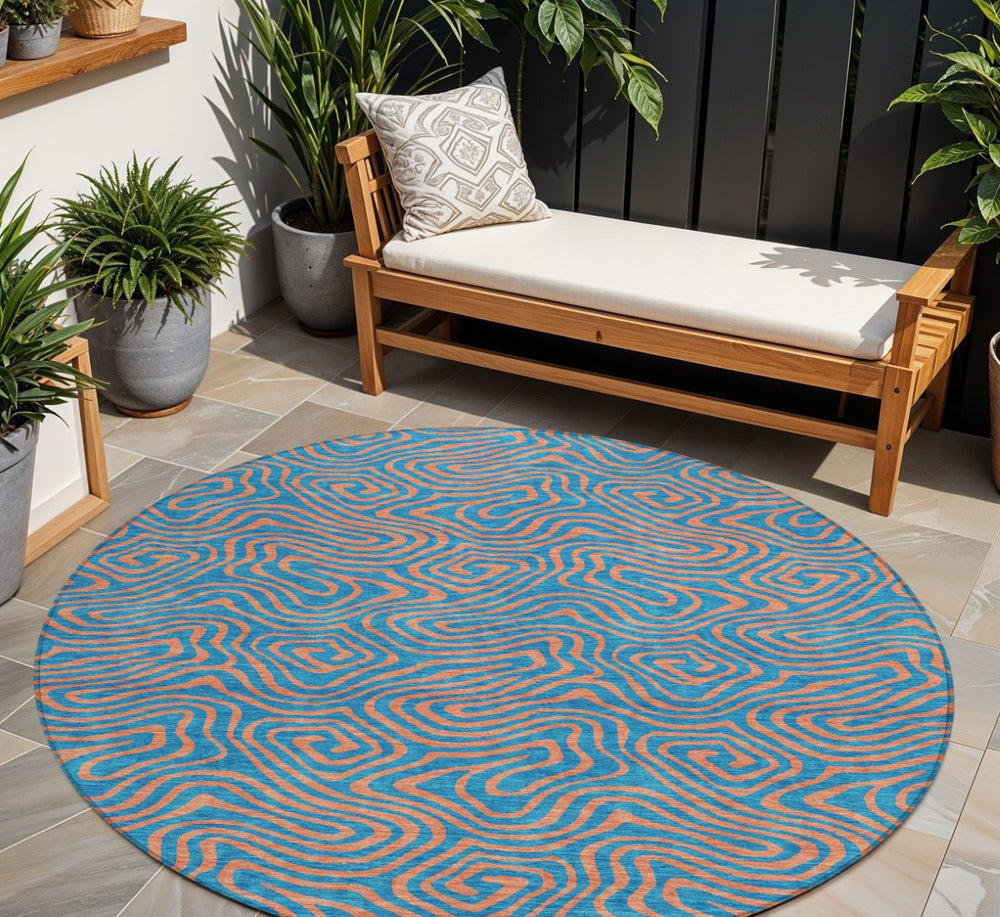 HomeRoots 5' Vibrant Teal Blue and Pink Abstract Washable Area Rug for Indoor & Outdoor Modern Spaces 8' Round 599840