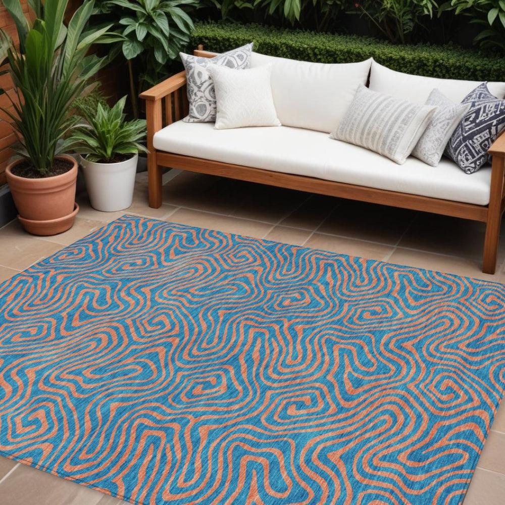 HomeRoots 9' X 12' Teal Blue and Pink Abstract Area Rug - Stylish, Washable, Indoor/Outdoor, Easy to Clean! 599842
