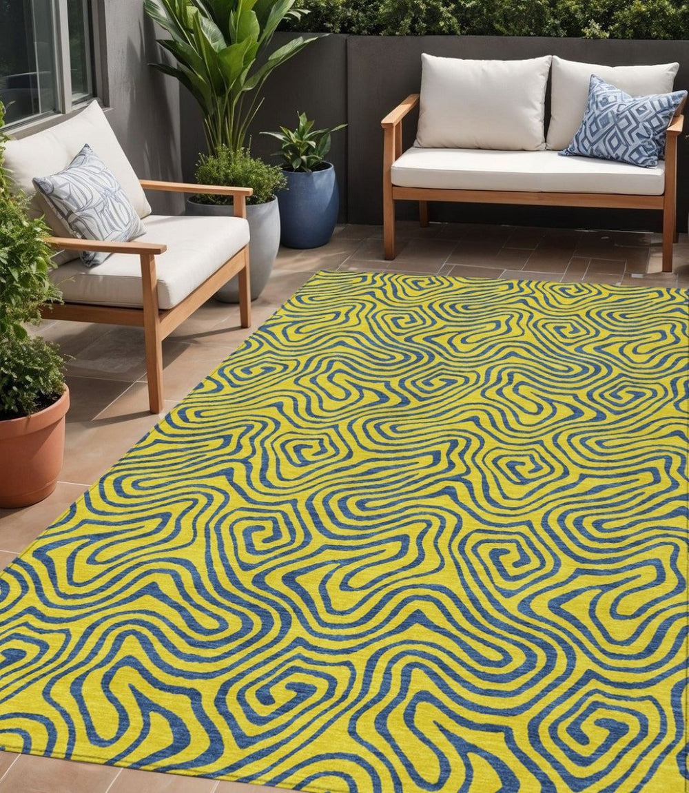 HomeRoots 5' Vibrant Yellow and Blue Abstract Washable Area Rug for Indoor and Outdoor Spaces, Durable Design 5' X 8' 599845