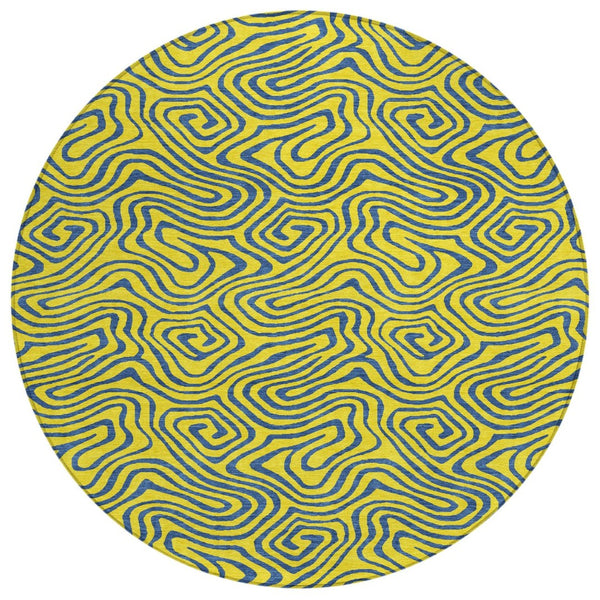 HomeRoots 5' Vibrant Yellow and Blue Abstract Washable Area Rug for Indoor and Outdoor Spaces, Durable Design 8' Round 599846