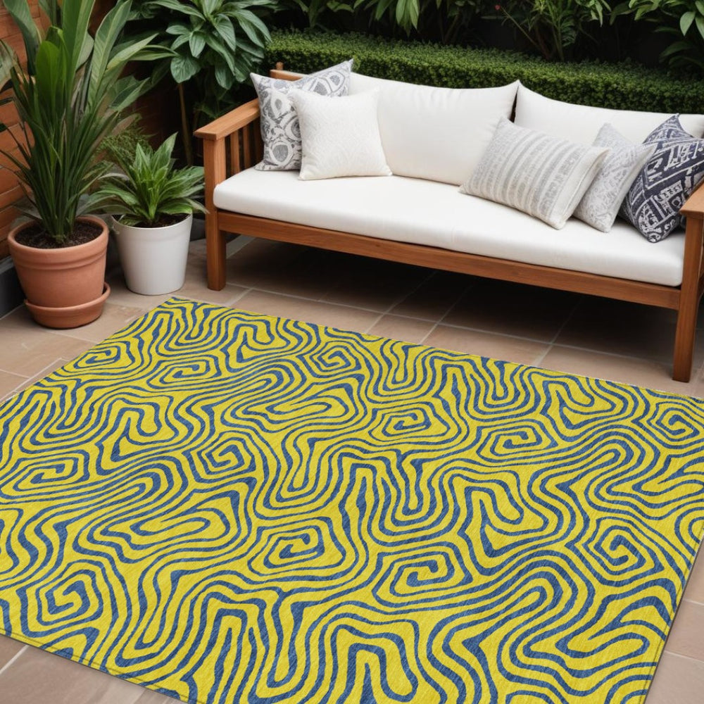 HomeRoots 9' X 12' Yellow and Blue Abstract Washable Area Rug - Stylish, Durable, Indoor/Outdoor Comfort & Care 599848